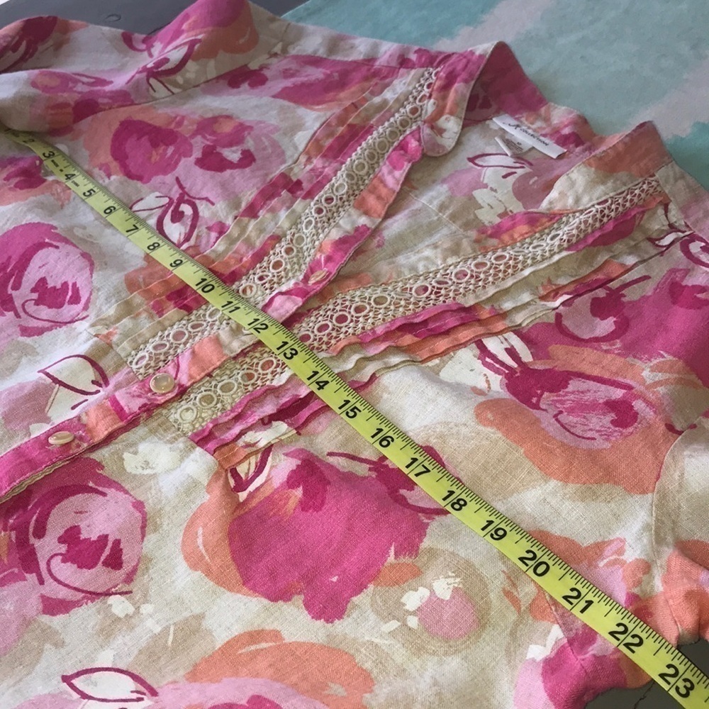 JM Collection Linen Floral Top Crochet Trim Pleated Button Front 12 - Picture 8 of 10